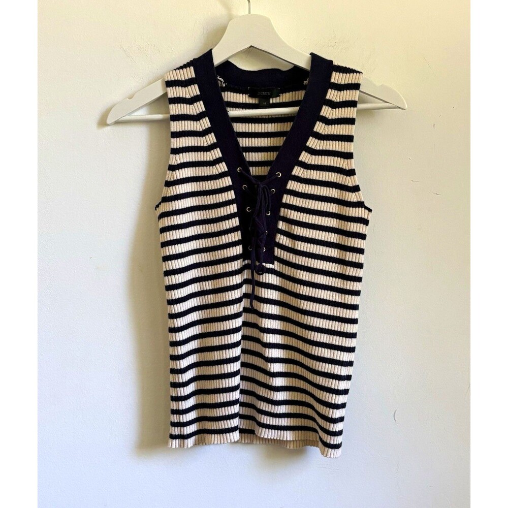J.CREW XS Navy White Striped Ribbed Cotton Knit Lace-Up V-Neck Sweater top nauti